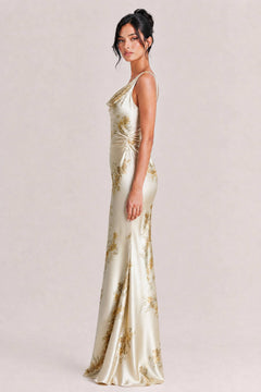 Elegant One-shoulder Floral Satin Maxi Dress