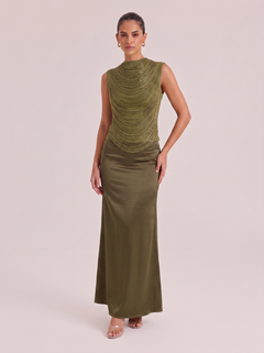 Refined Olive-green Sequined Fringed And Satin-stitched Fishtail Gown With Turtleneck