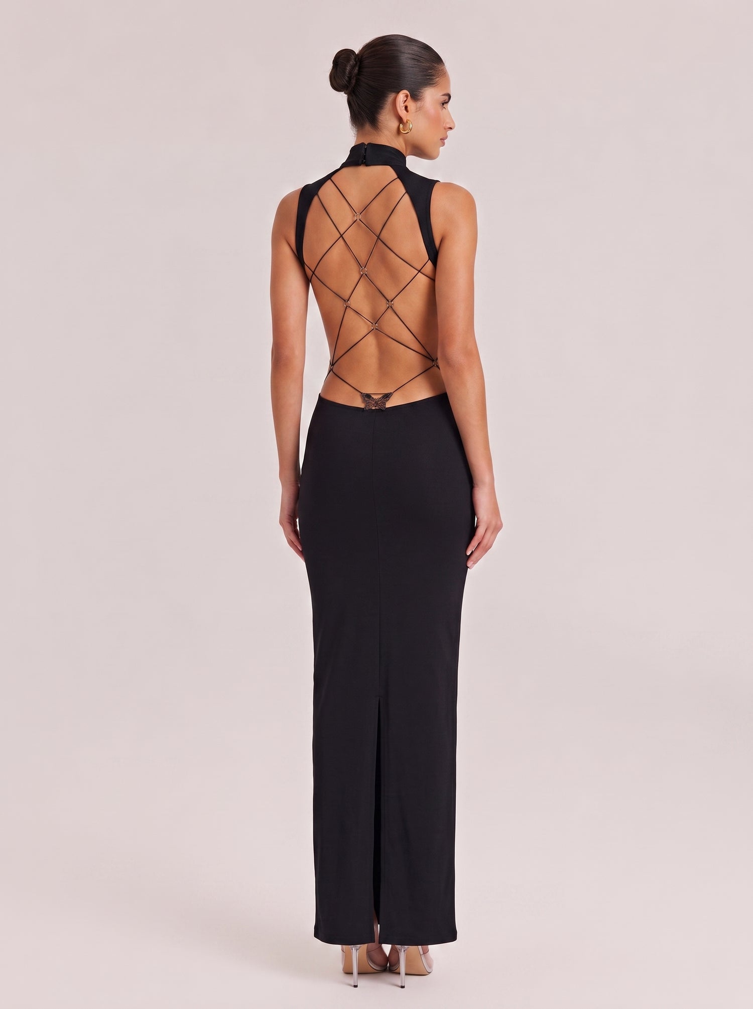 Black High-Neck Sleeveless Cut-Out Slim-Fit Hip Long Dress