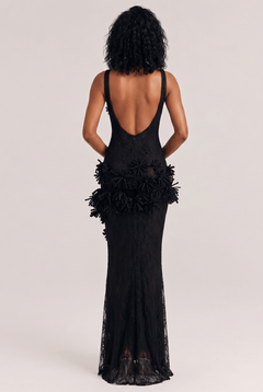 Black Three-dimensional Flower Perspective Lace Long Dress