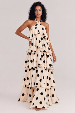 Elegant Halter Neck Polka Dot Tiered Maxi Dress