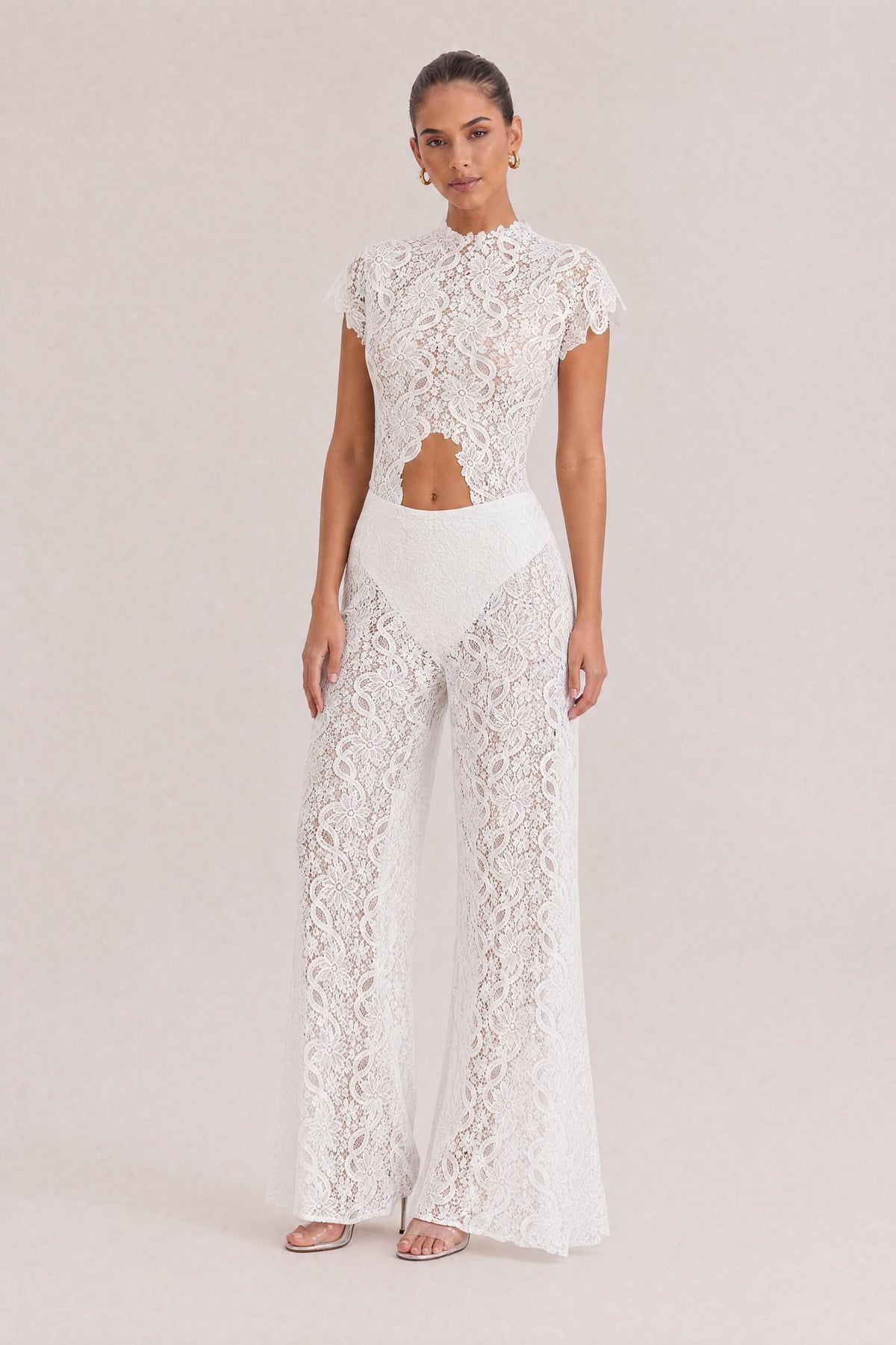 Lace Long-sleeved Top And Wide-leg Pants Set