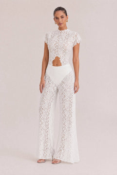 Lace Long-sleeved Top And Wide-leg Pants Set