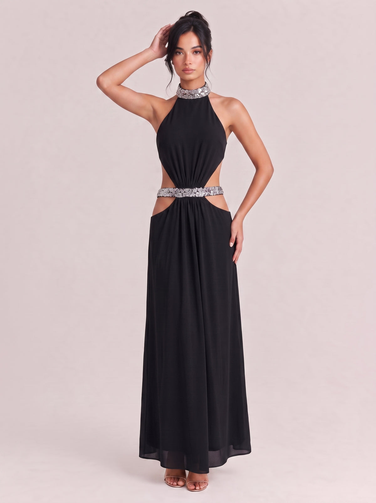 Black Hanging Neck And Diamond Waist Hollow Draping Long Evening Gown