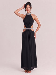Black Hanging Neck And Diamond Waist Hollow Draping Long Evening Gown