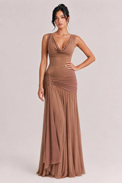 Sexy Cowl Neck Ruched Maxi Dress