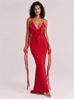 Deep V Strap Stereo Flower Strap Pleated Fishtail Long Dress