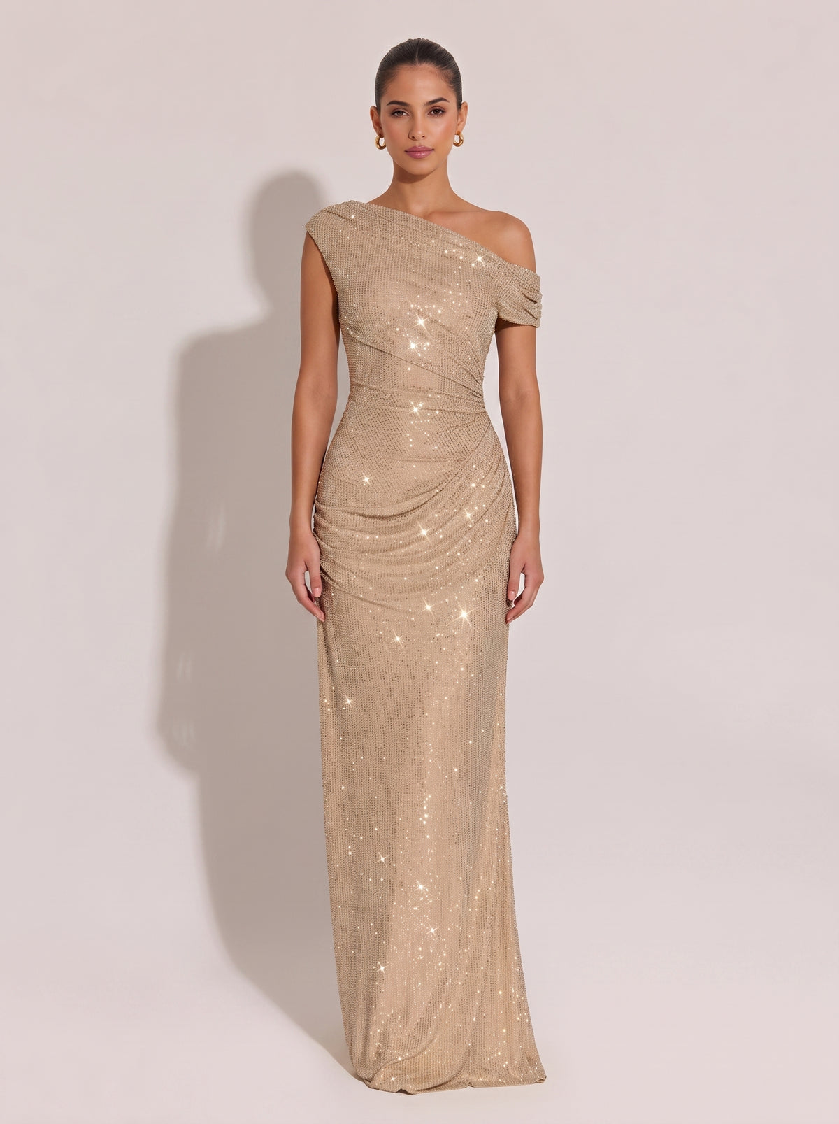 Slant Shoulder-Shoulder Sequin Twisted Pleat Slim Fishtail Long Evening Gown