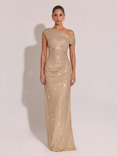Slant Shoulder-Shoulder Sequin Twisted Pleat Slim Fishtail Long Evening Gown
