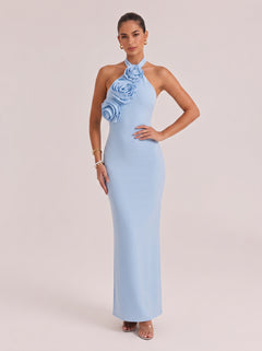 Hanging Neck Three-Dimensional Rose Slim Hip Long Dress