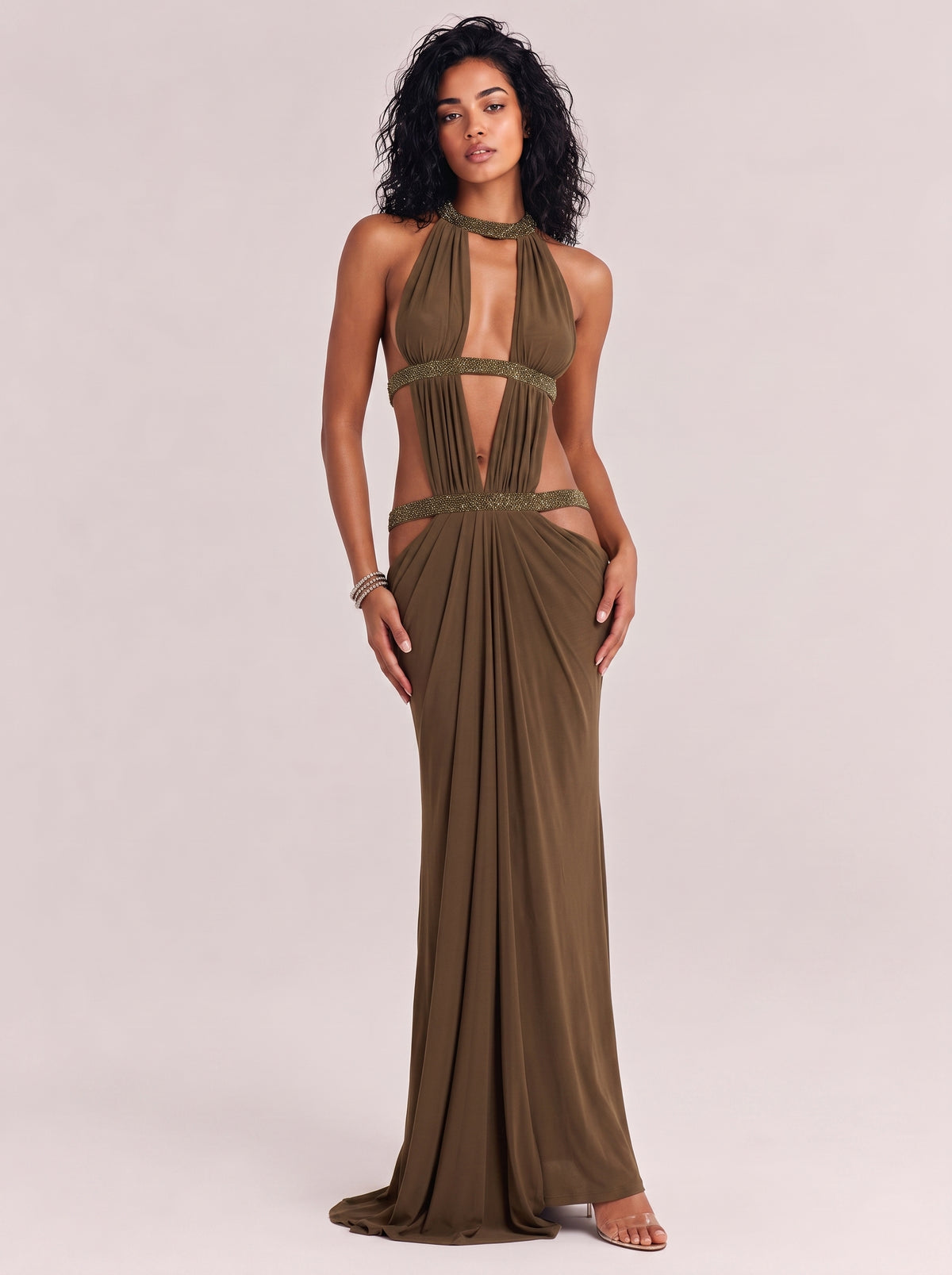 Brown Hanging Neck With Diamond Multi-Hollow Hanging Mesh Yarn Long Dress