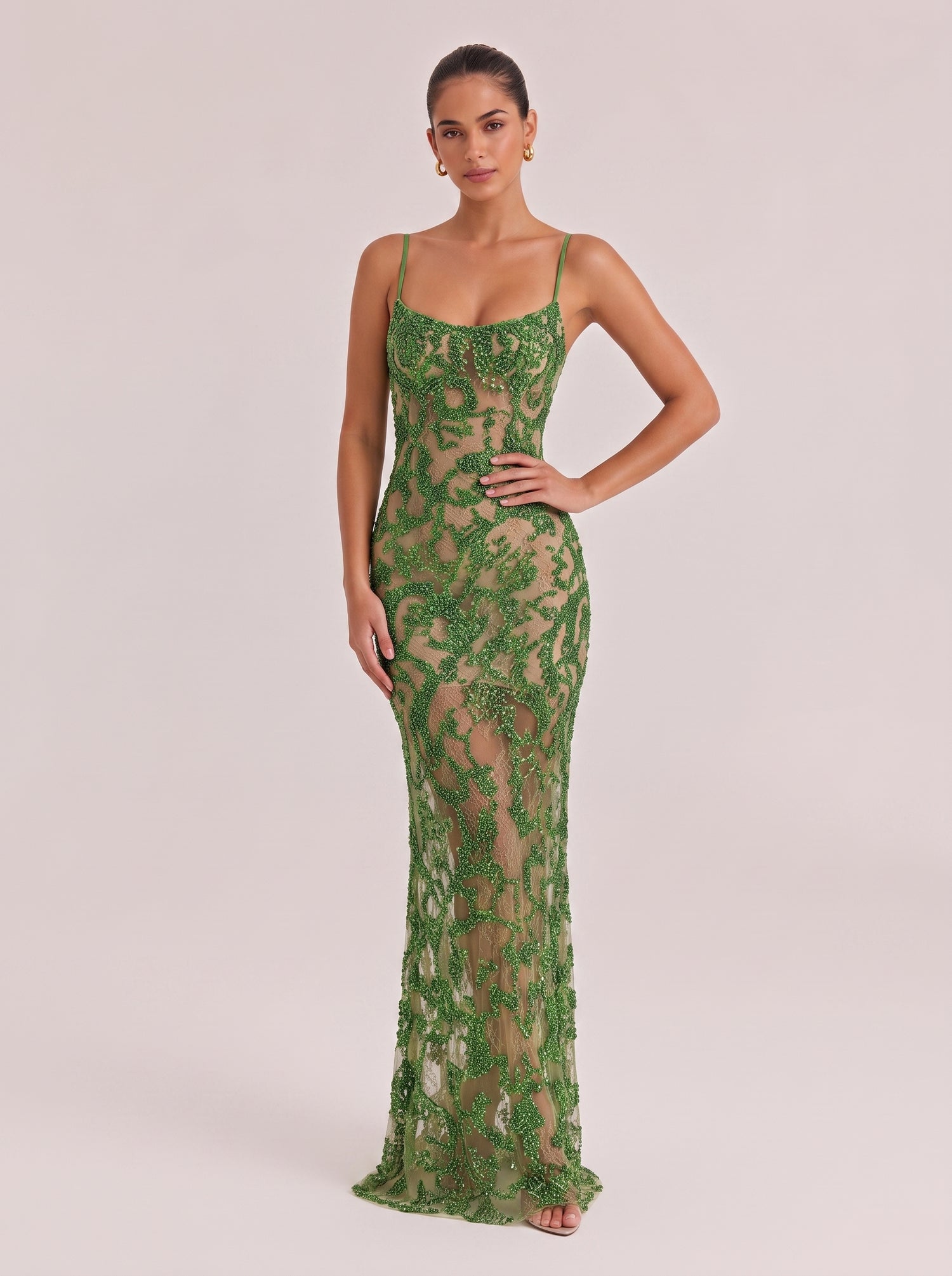 Thin Shoulder Strap Green Sequin See-Through Lace Slim Fishtail Holiday Dress