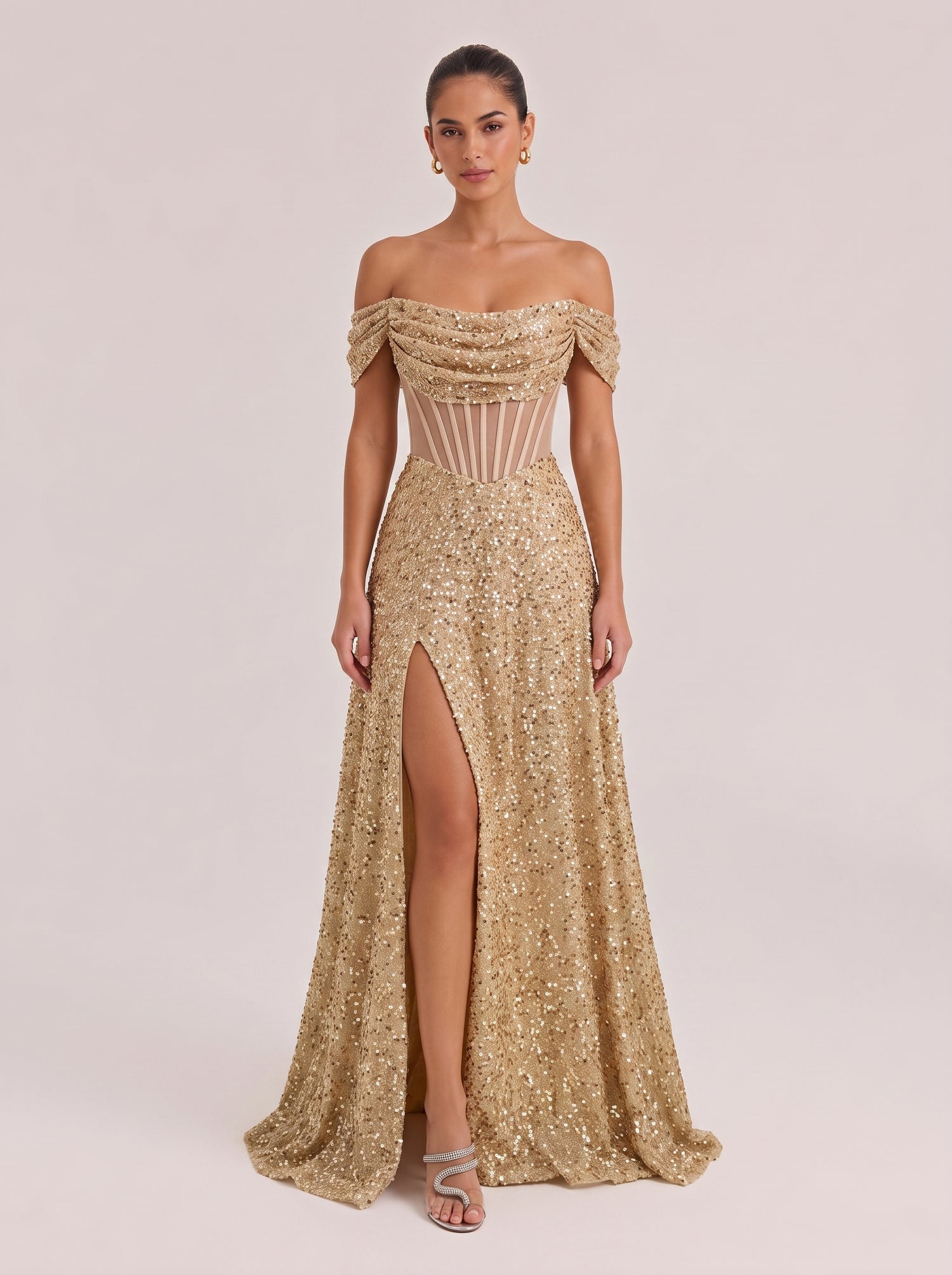 Shoulder Fishbone Waist Sequin Split Long Evening Gown