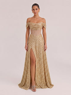 Shoulder Fishbone Waist Sequin Split Long Evening Gown