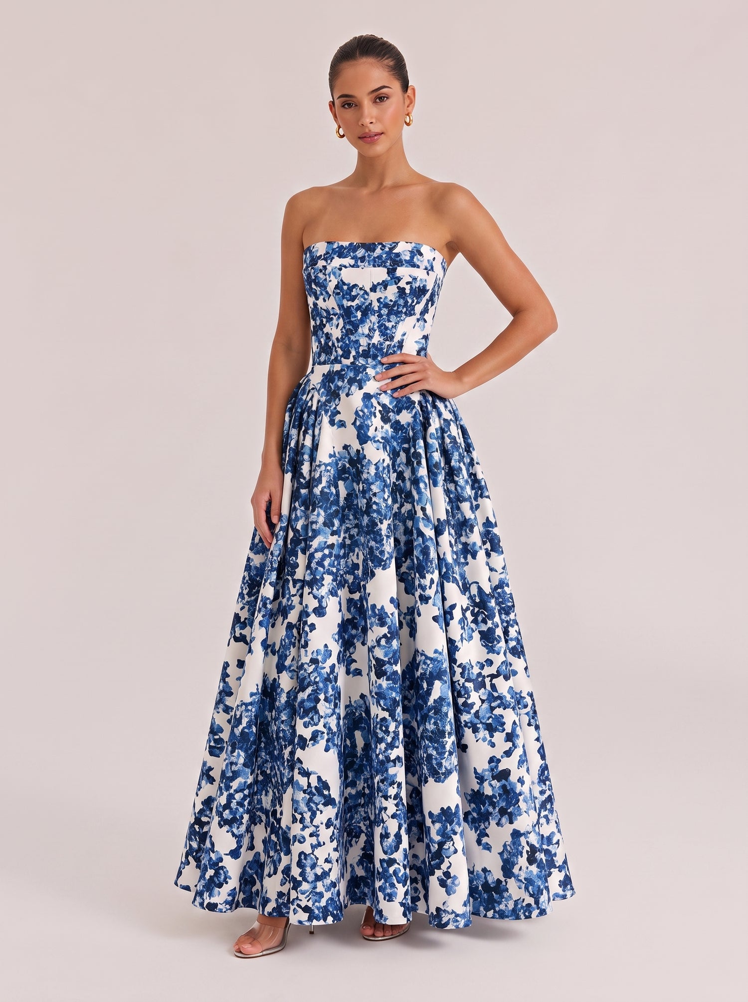 Strapless Blue And White Porcelain Blue Floral Waisted Long Dress