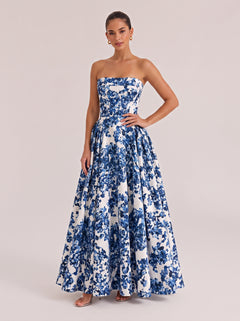 Strapless Blue And White Porcelain Blue Floral Waisted Long Dress