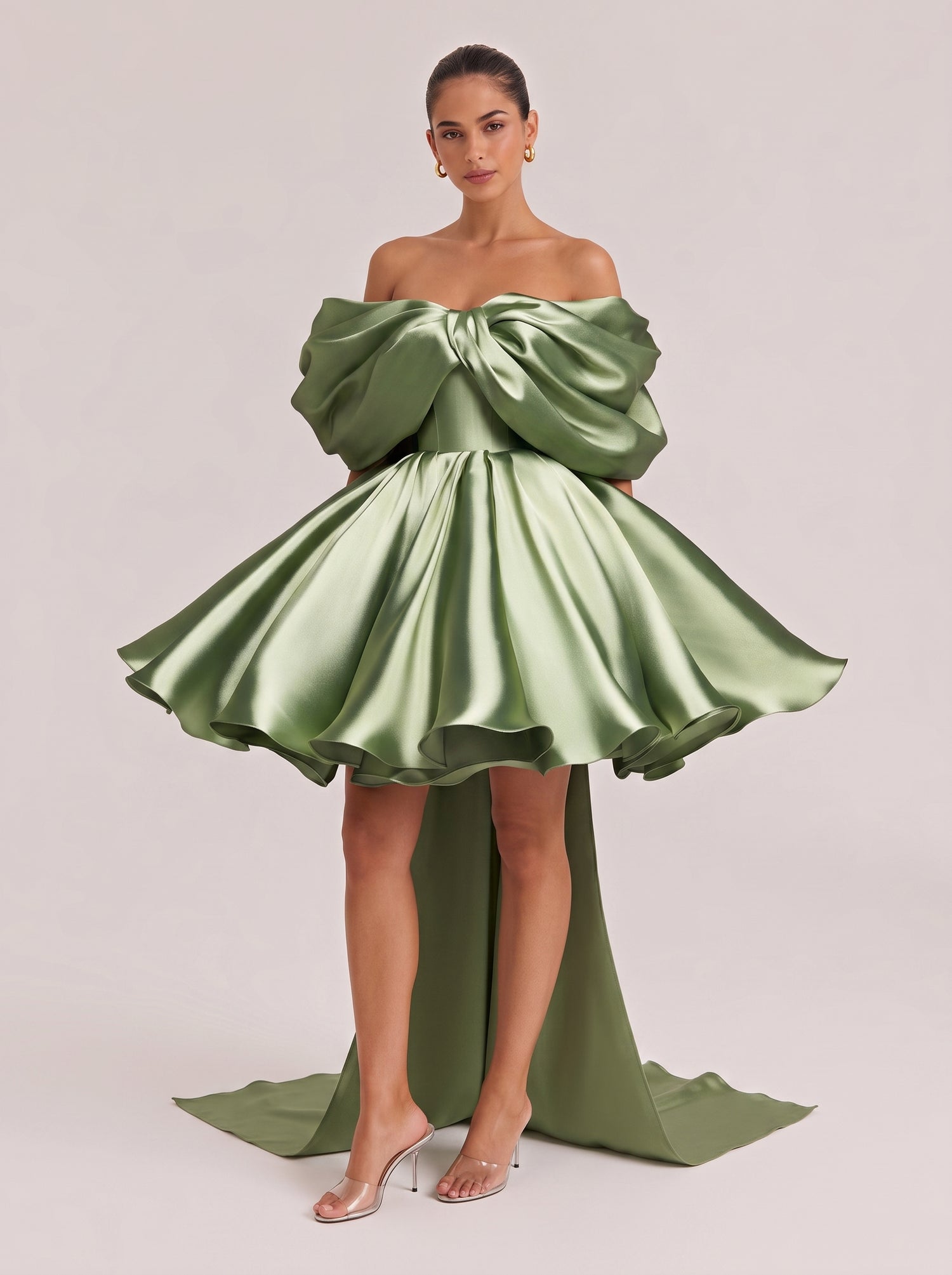Off-shoulder Large Bow Satin Mini Dress