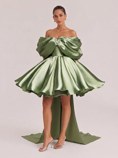 Off-shoulder Large Bow Satin Mini Dress