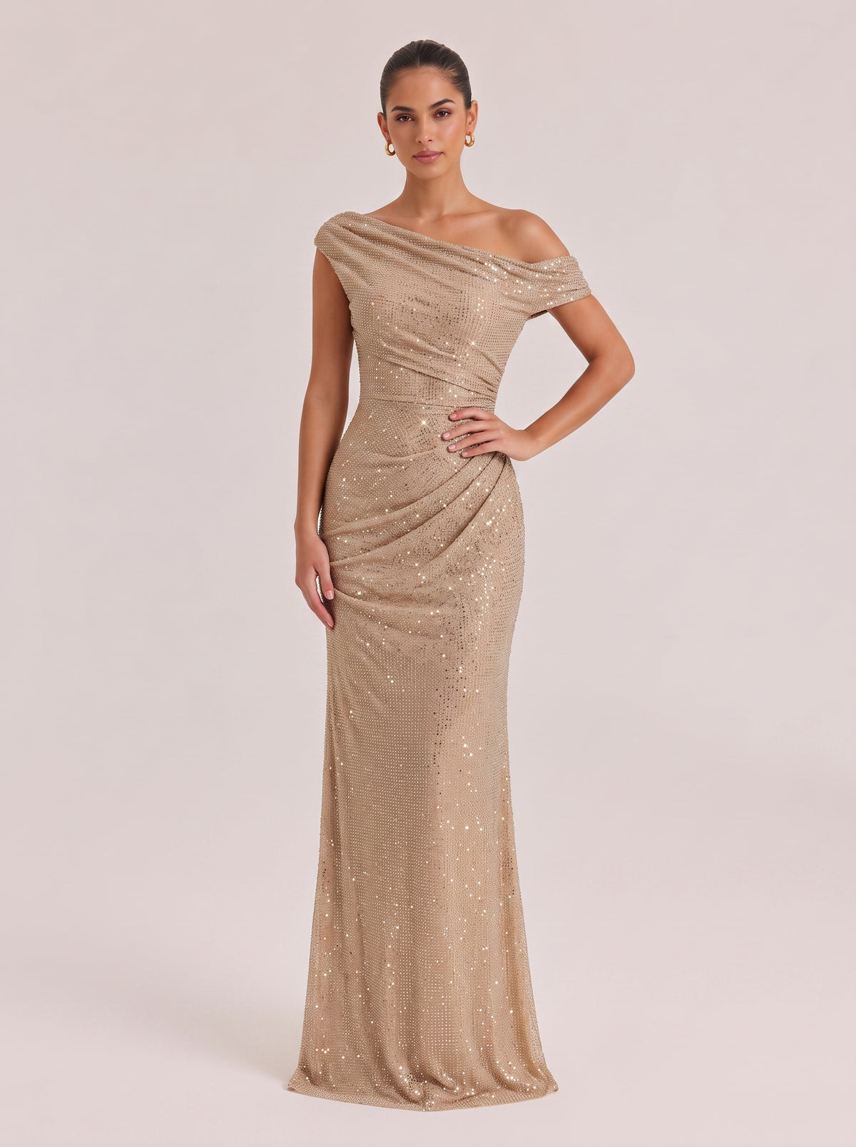 Slant Shoulder-Shoulder Sequin Twisted Pleat Slim Fishtail Long Evening Gown