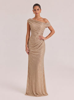 Slant Shoulder-Shoulder Sequin Twisted Pleat Slim Fishtail Long Evening Gown