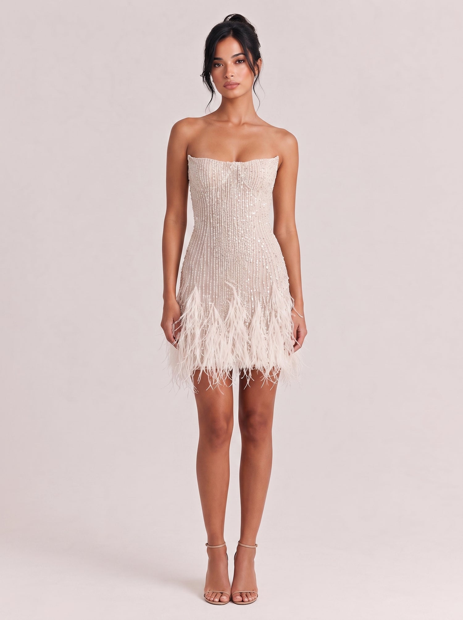 Strapless Beaded Ostrich Feather Short Wedding Dress Party Skirt