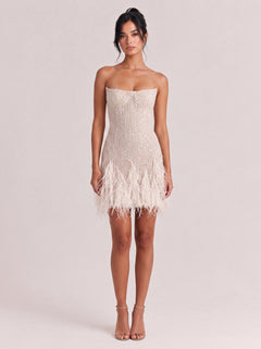 Strapless Beaded Ostrich Feather Short Wedding Dress Party Skirt