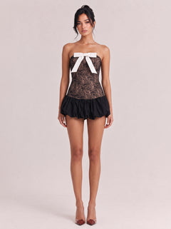Black Lace Strapless White Bow Tight Waist Bubble Bubble Short Dress