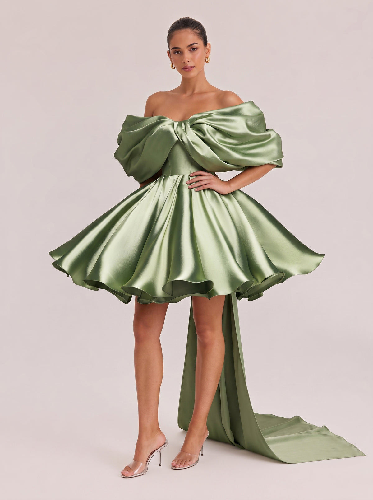 Off-shoulder Large Bow Satin Mini Dress