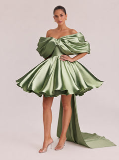 Off-shoulder Large Bow Satin Mini Dress