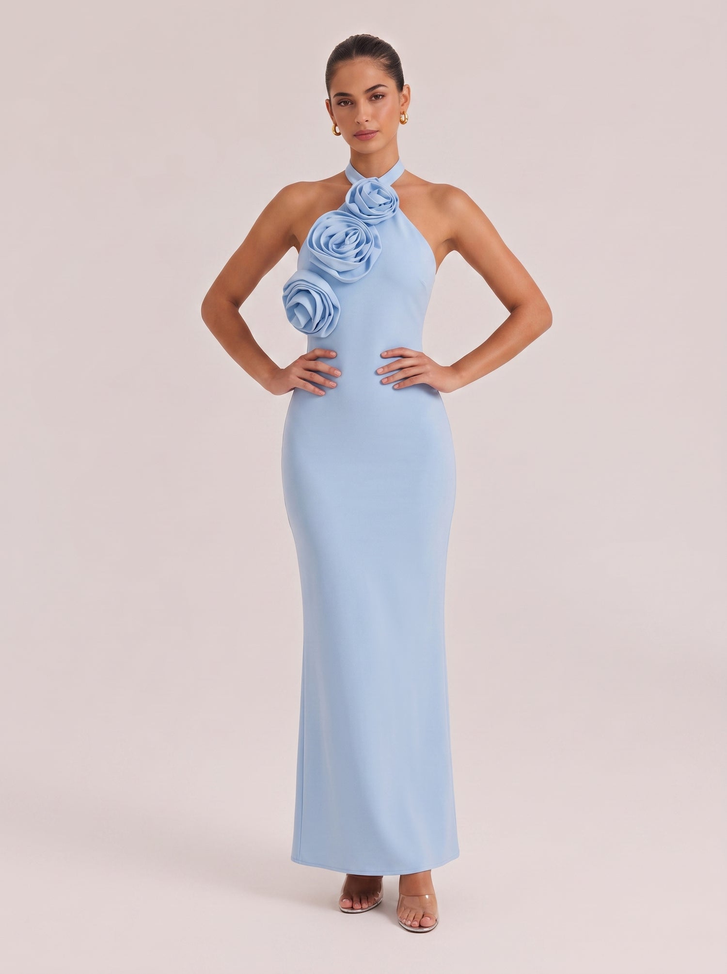 Hanging Neck Three-Dimensional Rose Slim Hip Long Dress