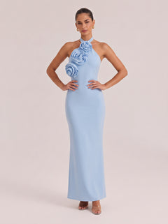 Hanging Neck Three-Dimensional Rose Slim Hip Long Dress