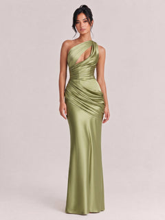 Hanging Neck Cutout Pleated Waisted Satin Fishtail Long Gown