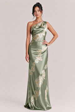 Elegant One-shoulder Floral Satin Maxi Dress