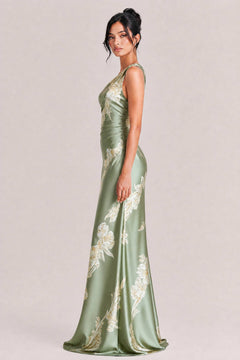 Elegant One-shoulder Floral Satin Maxi Dress