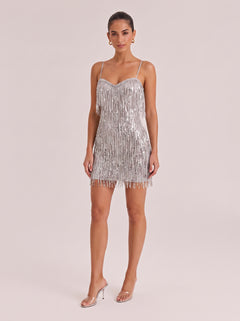 Silver Thin Shoulder V-Neck Sequin Fringed Short Party Hip Dress