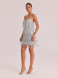 Silver Thin Shoulder V-Neck Sequin Fringed Short Party Hip Dress