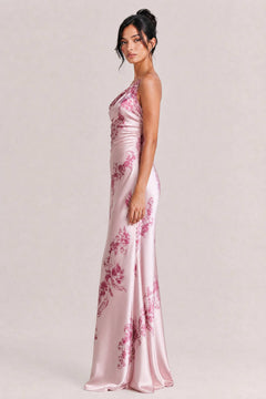 Elegant One-shoulder Floral Satin Maxi Dress
