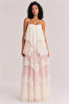 Ombre Tiered Lace Trim Spaghetti Strap Maxi Dress