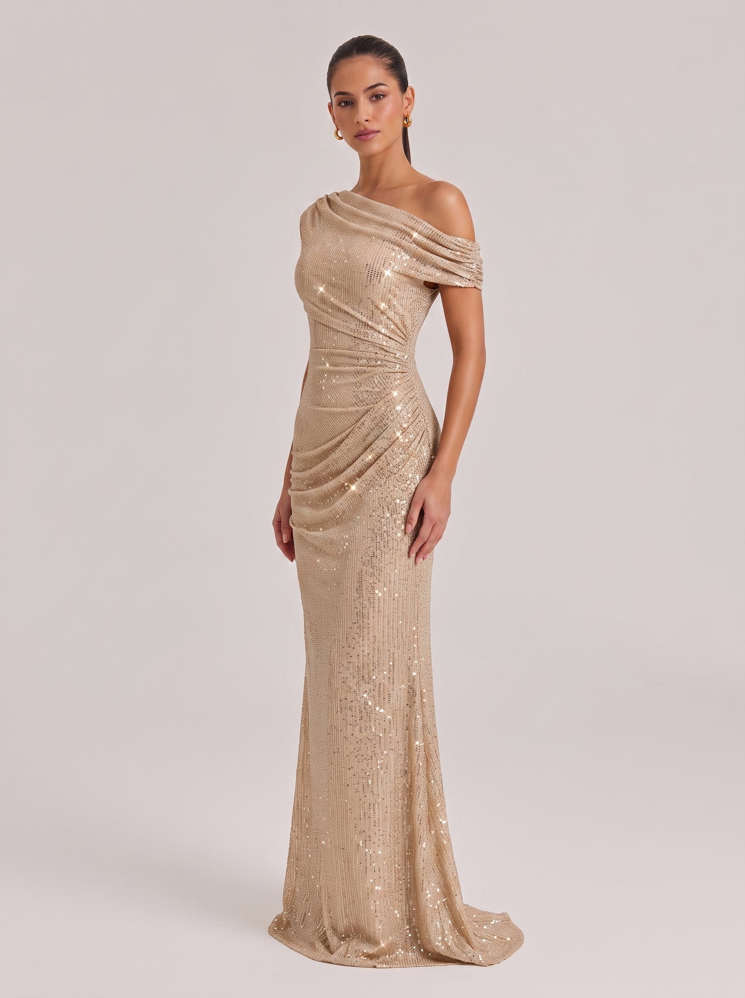 Slant Shoulder-Shoulder Sequin Twisted Pleat Slim Fishtail Long Evening Gown