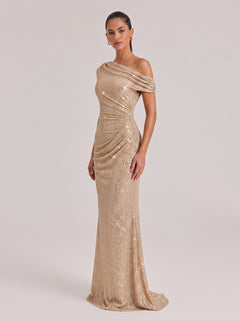 Slant Shoulder-Shoulder Sequin Twisted Pleat Slim Fishtail Long Evening Gown