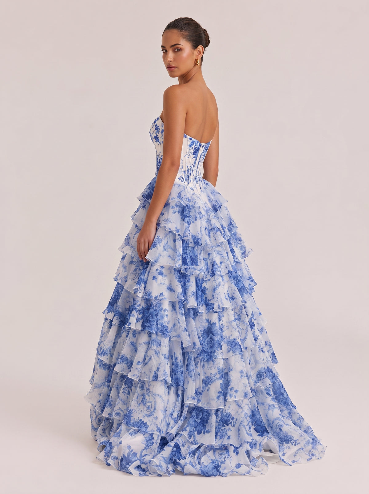 Strapless Fishbone Belted Blue And White Porcelain Printed Multi-Layer Ruffled High Split Canopy Gown