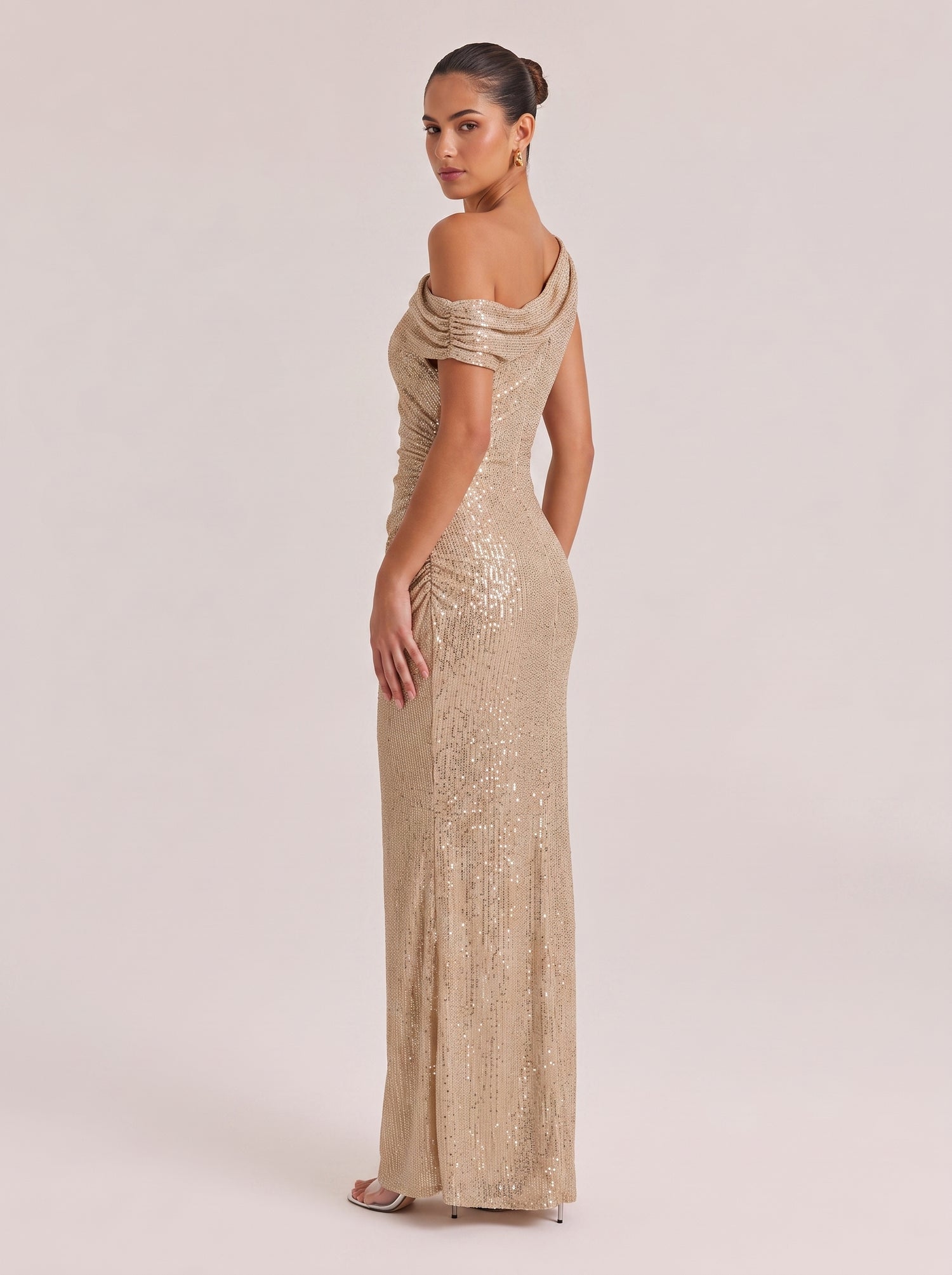 Slant Shoulder-Shoulder Sequin Twisted Pleat Slim Fishtail Long Evening Gown