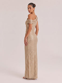 Slant Shoulder-Shoulder Sequin Twisted Pleat Slim Fishtail Long Evening Gown