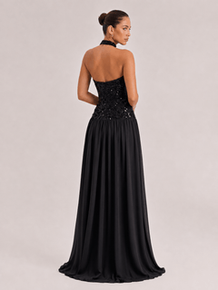 Charm Contour Backless Pleated Gauze Sequin Maxi Dress