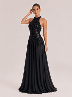 Charm Contour Backless Pleated Gauze Sequin Maxi Dress