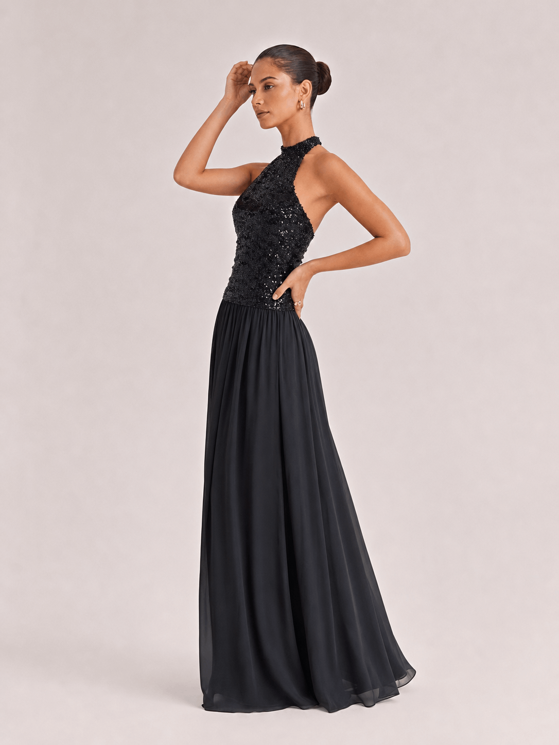 Charm Contour Backless Pleated Gauze Sequin Maxi Dress