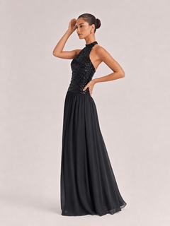 Charm Contour Backless Pleated Gauze Sequin Maxi Dress