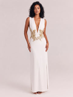 White Deep V Sleeveless Gold Embroidered Waist Hollow High Split Elegant Long Gown