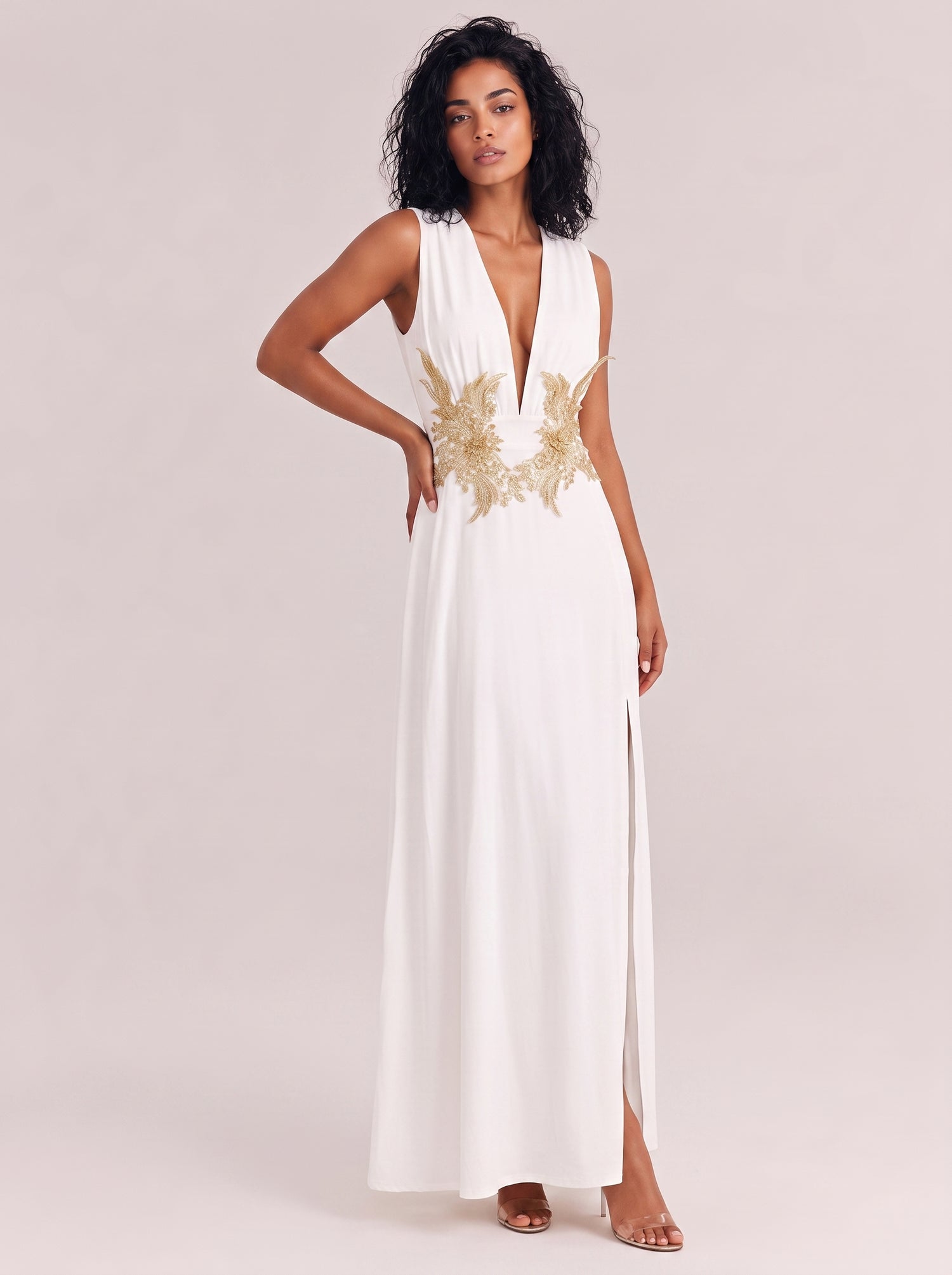 White Deep V Sleeveless Gold Embroidered Waist Hollow High Split Elegant Long Gown