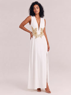 White Deep V Sleeveless Gold Embroidered Waist Hollow High Split Elegant Long Gown